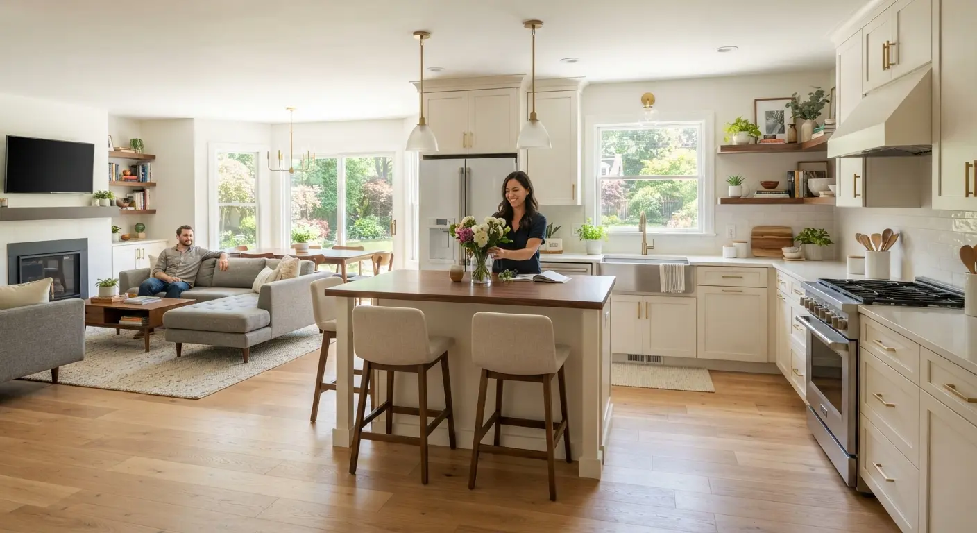 A wide view of a newly renovated modern home interior