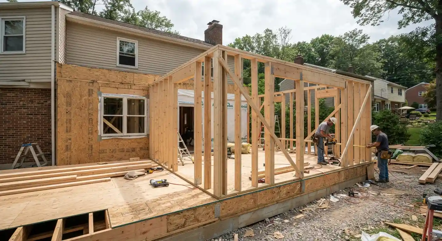 Framing and structural work in progress for a custom residential room expansion.